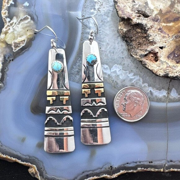 Tommy & Rosita Singer Sterling & Gold Filled Turquoise Elongated Dangle Earrings - Picture 8 of 10